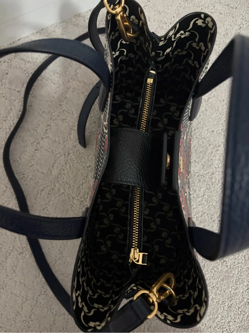 Tory Burch Navy Floral Tote with Red Accents